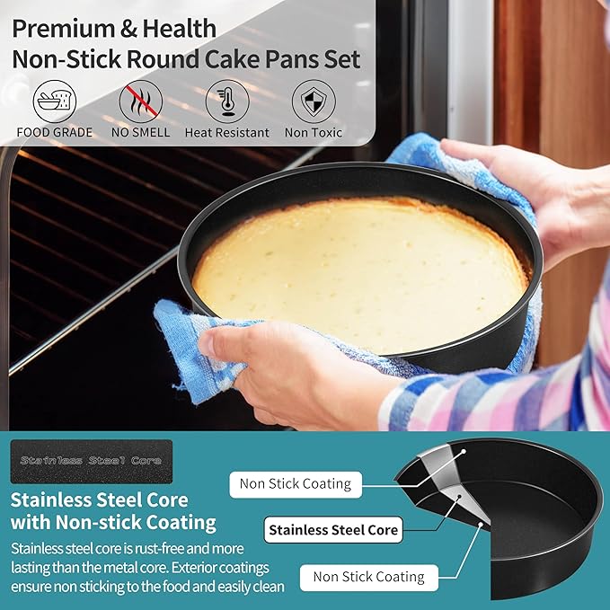 P&P CHEF 4/6/ 8 Inch Cake Pan Set of 3, Non-Stick Round Cake Pans Tins for Tier Smash Cakes, Baking Pans Set & Essential Bakeware, Stainless Steel Core & Leak-Proof