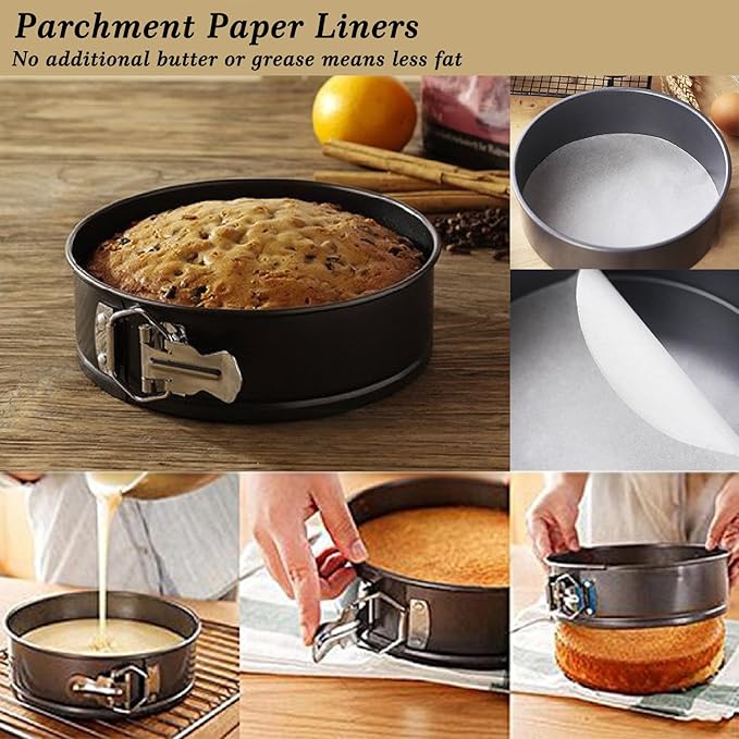MASSUGAR Springform Cake Pan Set of 3 Non-stick Leakproof Round Cheesecake Pan with Removable Bottom, Circle 3 Pieces 4" 7" 9" Springform Pans for Baking with 50 Pcs Parchment Paper Liners