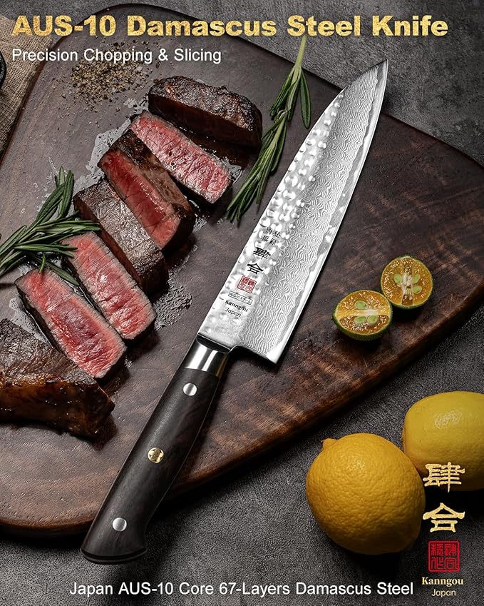 Japanese Chef Knife Kitchen Knife with 67 Layers Damascus Steel AUS-10 Core, Professional Damascus Knife with Full-Tang Ebony Wood Handle and Premium Gift Box(8.27 Inch Gyuto Chef Knife)