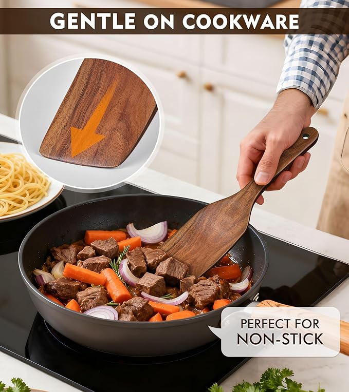 4Pcs Wooden Spatula for Cooking, Acacia Wooden Spatula for Kitchen Use, Nonstick Cookware Safe Utensils Set including Turner, Slotted Turner, Paddle and Scraper, Ideal Cooking Utensils Gift Set