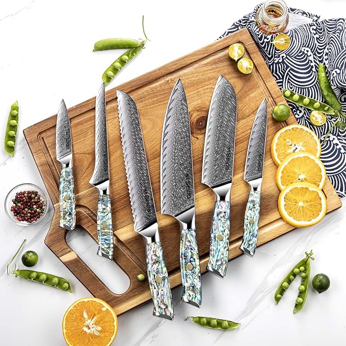 13-Piece Awabi Knife Block Set – Premium VG-10 Damascus Steel Knives with Abalone Shell Resin Handles