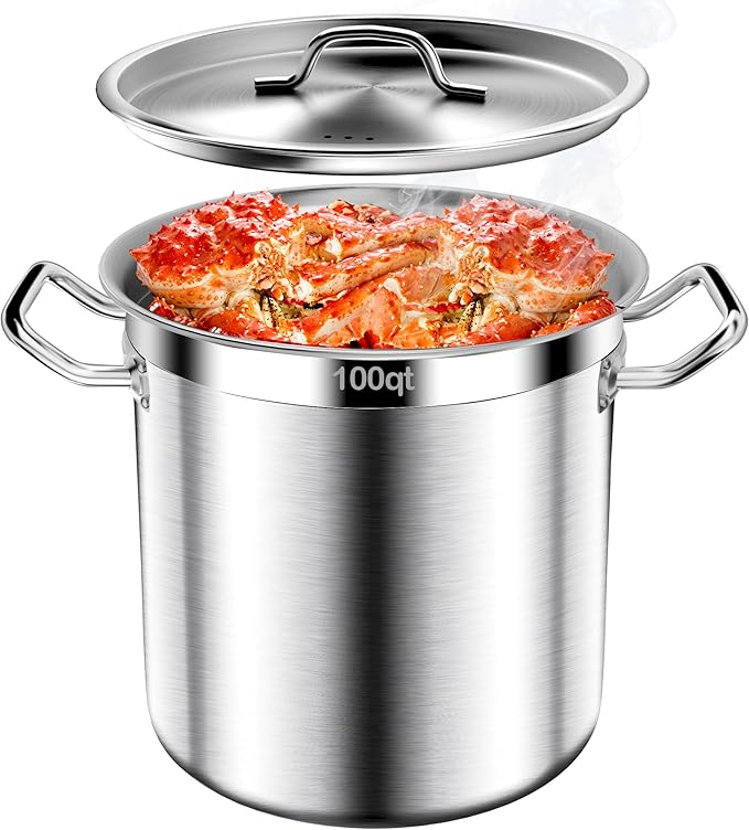 Stainless Steel Stock Pot,100 QT Large Stock Pot with Lid, Heavy Duty Tri-Ply Bottom Commercial Grade Stock Pots for Boiling Cooking Soup Stew Thick Bottom Deep Cookware Big Stockpots