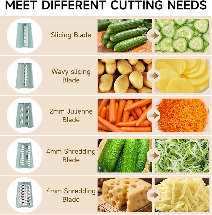 Rotary Cheese Grater Hand Crank, 5 in 1 Mandoline Vegetable Slicer - 5 Sets of Blades,Strong Suction Base&Easy to Clean - Kitchen Cheese Grater Shredder with Handle for Fruit,Vegetable,Nuts