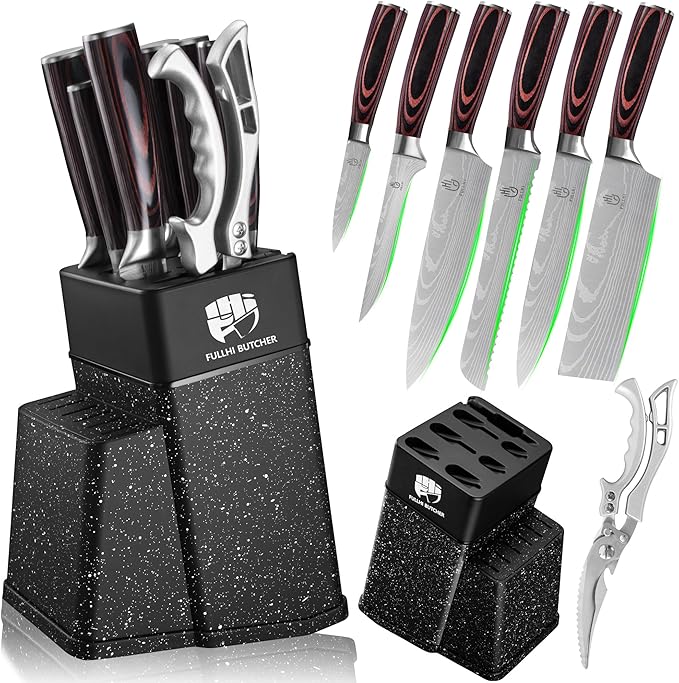 FULLHI 8pcs block Knife Set,chef's Knves Set with Block and Sharpener, Kitchen Knife Set,Multi-colour Handle, Gifts for Men Women