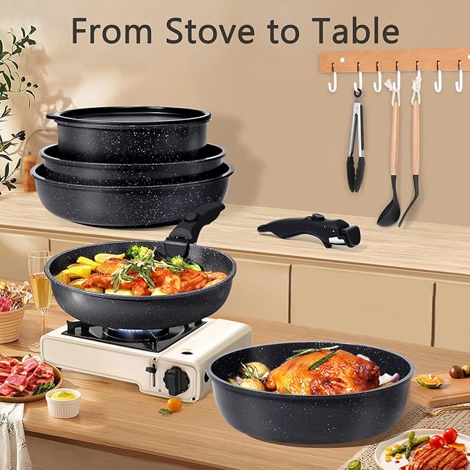GiPP Ceramic Pots and Pans Set Non Stick, Nonstick Detachable Handle Cookware Sets, Healthy Non Toxic PFAS PFOA & PTFE Free, Dishwasher ＆Oven Safe, Induction Kitchen Pot and Pan, 15 Piece Grey