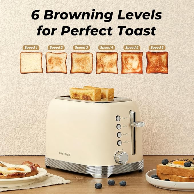 Toaster 2 Slice Retro Stainless Steel with 1.5” Extra Wide Slots Bagel, Defrost, Reheat, Cancel Functions, 6 Bread Shade Settings, Removable Crumb Tray, Cream White