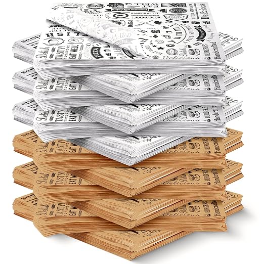 Outus 1800 Pcs 12 x 12 Inch Deli Wax Paper Sheets Grease Resistant Tray Basket Liners Newsprint Paper Water and Grease Proof Sandwich Wrapping Square Hot Dog Wrappers for Food Baking (Brown,White)