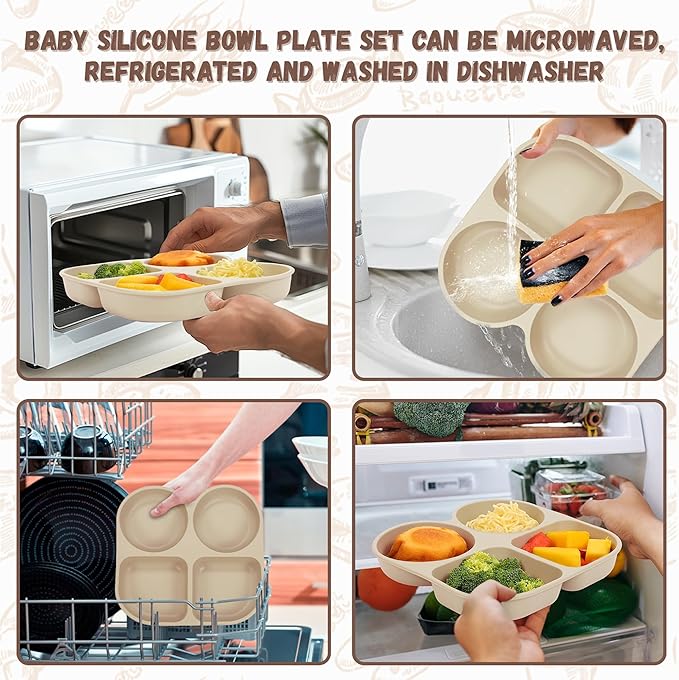 Silicone Baby Feeding Set, Baby Led Weaning Supplies, Baby Food Tableware Silicone Suction Plate, Bowl, Spoons, Fork, Waterproof Bib, Cup & Complementary Food Cake Mold, Baby Eating Utensils