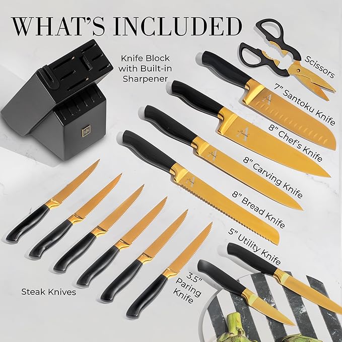 Personalized Black and Gold Knife Set with Block and Sharpener – 14-Piece Custom Engraved Titanium-Coated Gold Knives – Full Tang, Stainless Steel, Ergonomic, Gift-Ready