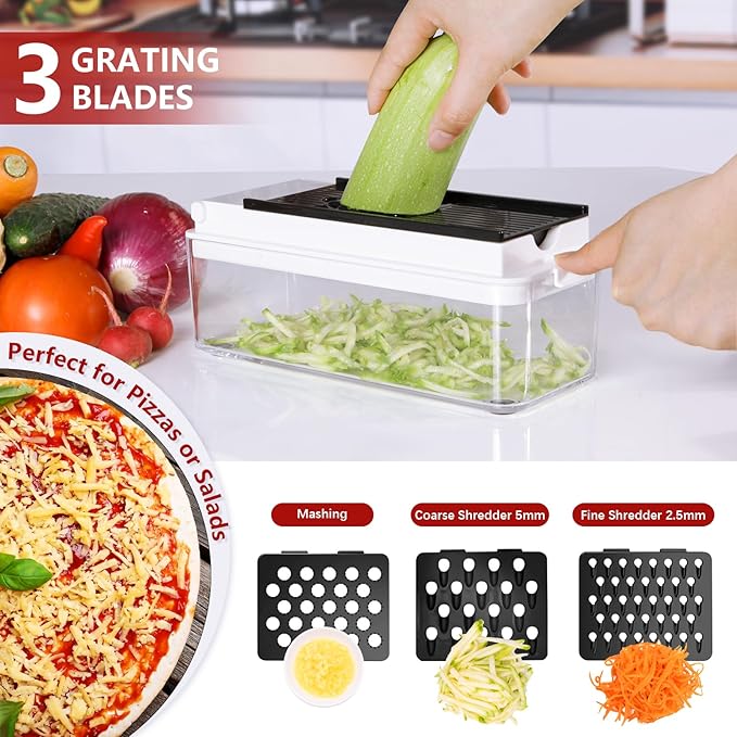 Vegetable Chopper, Onion Chopper Dicer, Mandoline Slicer, Food Chopper with Container, Vegetable Cutter for Salad Potato Carrot Garlic（9 Blades, White Black）