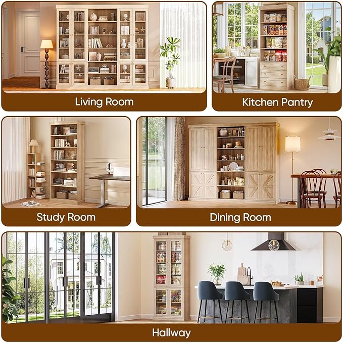 70.8" Tall Brown Bookshelf, Farmhouse Modular Bookcase with 6-Tier Adjustable Shelves, Large Storage Cabinet for Home Office, Living Room, Set of 4