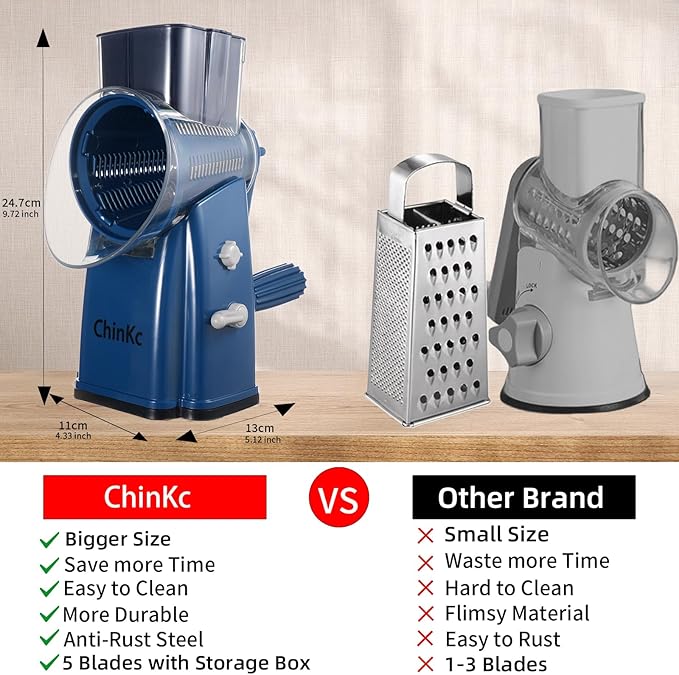 Rotary Cheese Grater Shredder - Upgraded 5 in 1 Cheese Grater with Handle and Strong Suction Base, Multi-purpose Julienne Slicer Ice Shaver Nuts Grinder for Ice, Vegetables, Fruit, Nuts