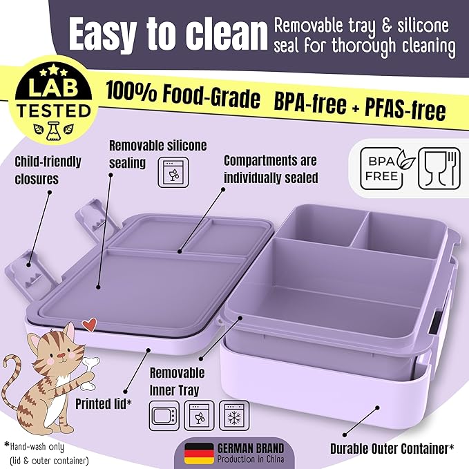BEARFOOT Kids Lunch Box with Compartments – Compact & Lightweight | Leak-Proof, BPA-Free, Dishwasher & Microwave Safe | Hand-Drawn Design for Preschool, School, Travel (Purple, 4 Cups)