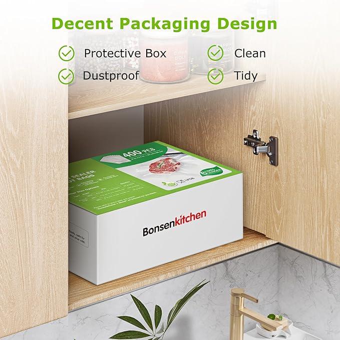 Bonsenkitchen Vacuum Sealer Bags,400 Quart 8" x 12" Precut Food Sealer Bags, Commercial Grade, BPA Free, Heavy Duty, Customized Size Vacuum Bags for Vac Storage, Meal Prep or Sous Vide Cooking, VB14