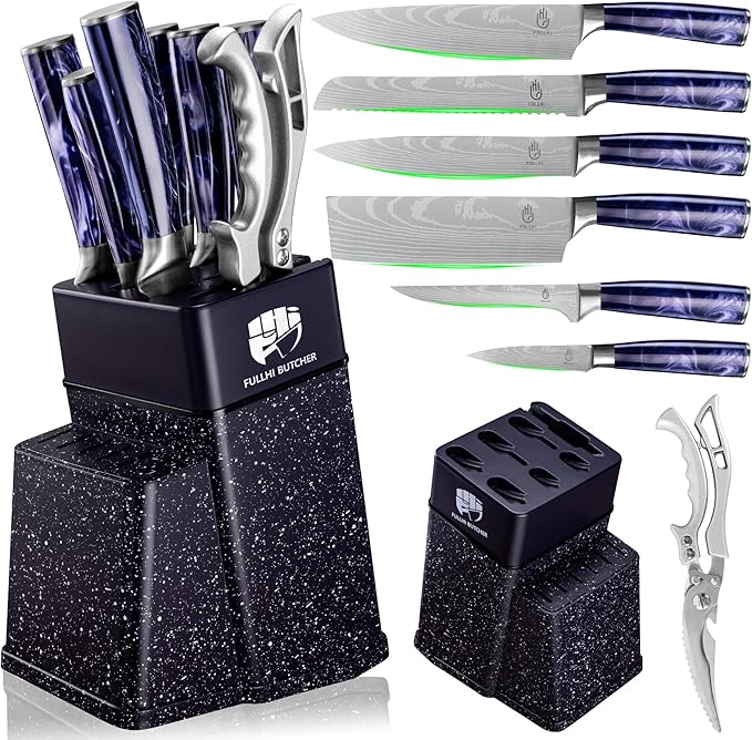 FULLHI 8pcs block Knife Set,chef's Knves Set with Block and Sharpener, Kitchen Knife Set,Multi-colour Handle, Gifts for Men Women
