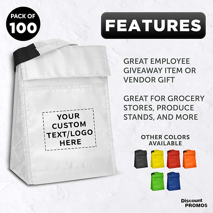 DISCOUNT PROMOS 100 Hook and Loop Insulated Lunch Bags Set - Customizable Text, Logo - Polyester, Durable, Vibrant, Reusable - White