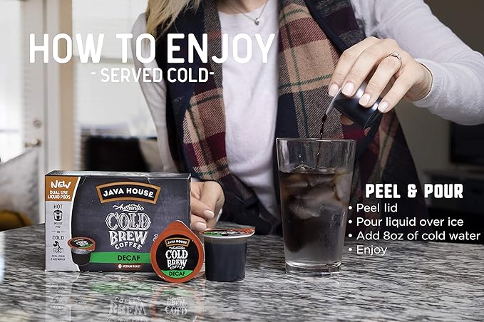 Java House Single-Serve Cold Brew Coffee Pods – Premium 100% Arabica Liquid Concentrate – Smooth & Bold Decaf Roast – 6 Pods – Ready Hot or Iced, Travel-Friendly, TSA Approved