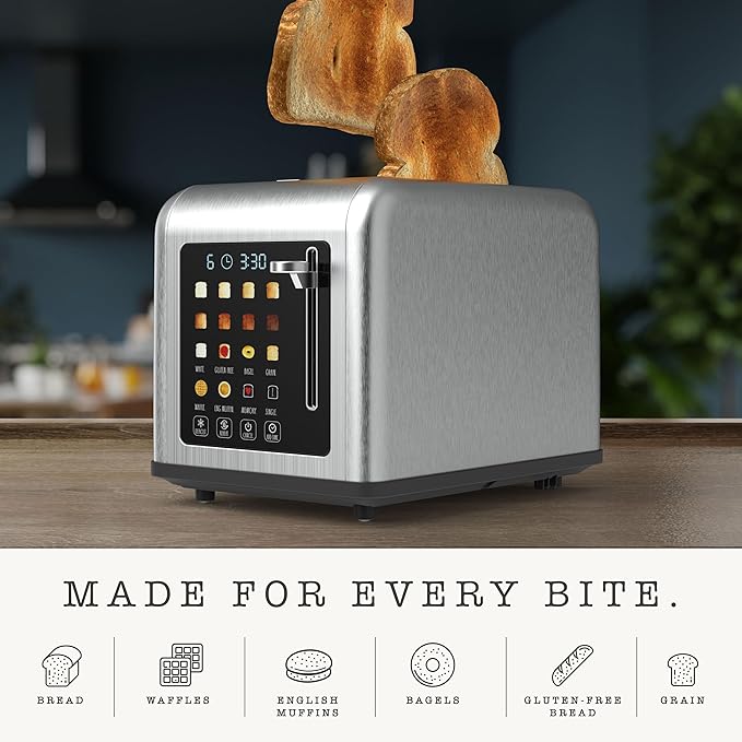 Rae Dunn 2 Slice Smart Toaster, Digital Display, Wide Slots, 8 Browning Levels, 6 Bread Types, 4 Functions (Defrost, Reheat, Cancel, Add Time), 825W Stainless Steel