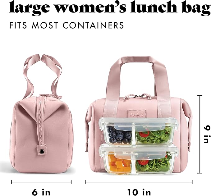 Fit & Fresh Remi Neoprene Lunch Bag For Women - Meal Prep Kit with Containers & XL Ice Pack, Self Insulating Neoprene-like Material, Machine Washable Lunch Bag, Tear-Resistant, Stain-Resistant, Mauve