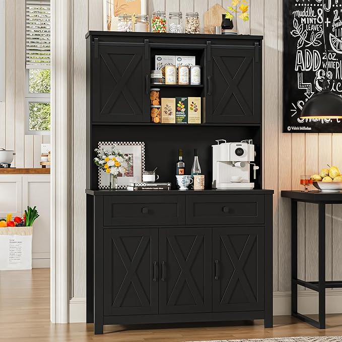 67.7 Inch Farmhouse Pantry Storage Cabinet with Sliding Barn Doors, 2 Drawer Farmhouse Coffee Cabinet with Adjustable Shelf, Side Board with Buffet Cupboard for Livingroom Kitchen, Black