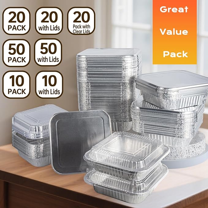 8x8 Aluminum Pans with Lids - 10 Pack Disposable Baking Pans, Heavy Duty Tin Foil Pans with Lids for Cake Baking, Cooking, Heating, Storing, Prepping Food