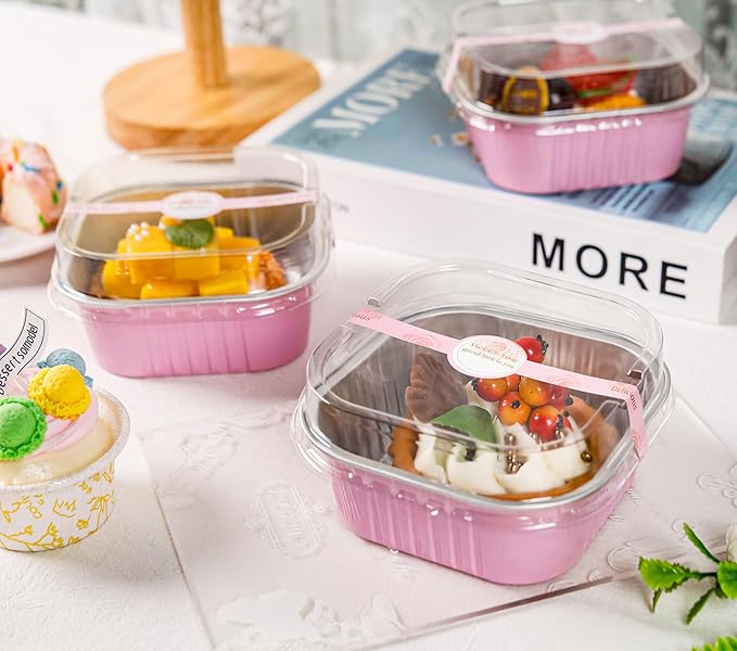 50 Pcs Mini Square Baking Cups with Lids and Spoons Aluminum Foil Mini Cake Pans with Lids Disposable Ramekins Cake Pans Dessert Cups for Wedding Birthday Party(Pink,10oz)