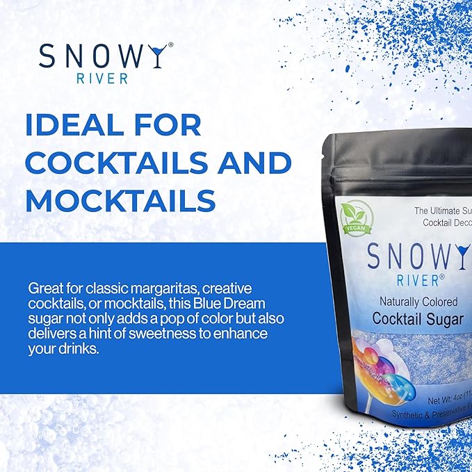 Snowy River Blue Dream, Cocktail & Margarita Sugar Rimmer - Vibrant Naturally Colored Sugar for Cocktail Rimming, Baking & Decorating, Medium Crystal - 4oz