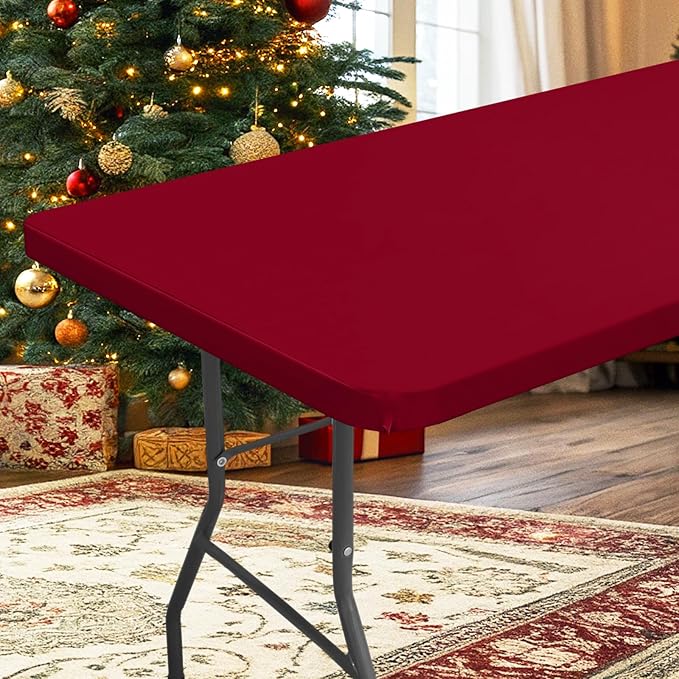 homing Rectangle Table Cloth Cover, Waterproof Polyester Elastic Fitted Tablecloth, Fits for 6 Foot Folding Tables, Washable Table Protector for Picnic, Camping, Outdoor (Wine Red, 30" x 72")