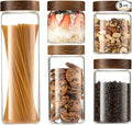 Glass Canister Set of 5 with Acacia Wood Lids Airtight Food Storage Jars for Kitchen Pantry Organization Containers for Spaghetti, Flour, Sugar, Coffee, Tea, Overnight Oats Yogurt More