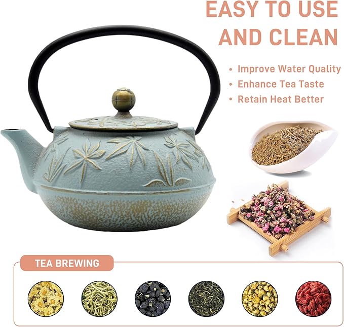 Cast Iron Teapot Tea Kettle with Stainless Steel Infuser for Stovetop Safe Coated with Enameled Interior Japanese Tetsubin with Maple Leaves Pattern(30.4oz/900ml) (Color-5)