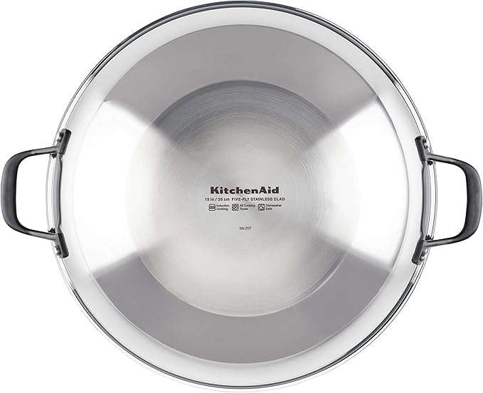 KitchenAid 5-Ply Clad Polished Stainless Steel Wok, Induction Compatible, Dishwasher Safe, 15 Inch Open Stir-Fry Pan