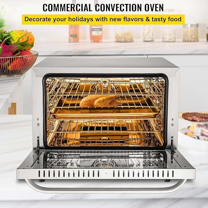VEVOR Commercial Convection Oven, 66L/60Qt, Half-Size Conventional Oven Countertop, 1800W 4-Tier Toaster w/Front Glass Door, w/Trays Wire Racks Clip Gloves, 120V