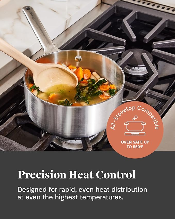 Caraway Stainless Steel Sauce Pan (1.75 Qt) - 5-Ply Stainless Steel - Oven Safe & Stovetop Agnostic - Non Toxic, PTFE & PFOA Free