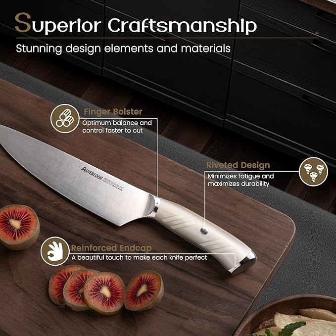 Knife Set, Astercook Kitchen Knife Set with Block, 15 Pcs Luxurious High Carbon German Stainless Steel Knives Set with Full Tang Ergonomic Handle, Dishwasher Safe Knife Block Set with Sharpening Rod