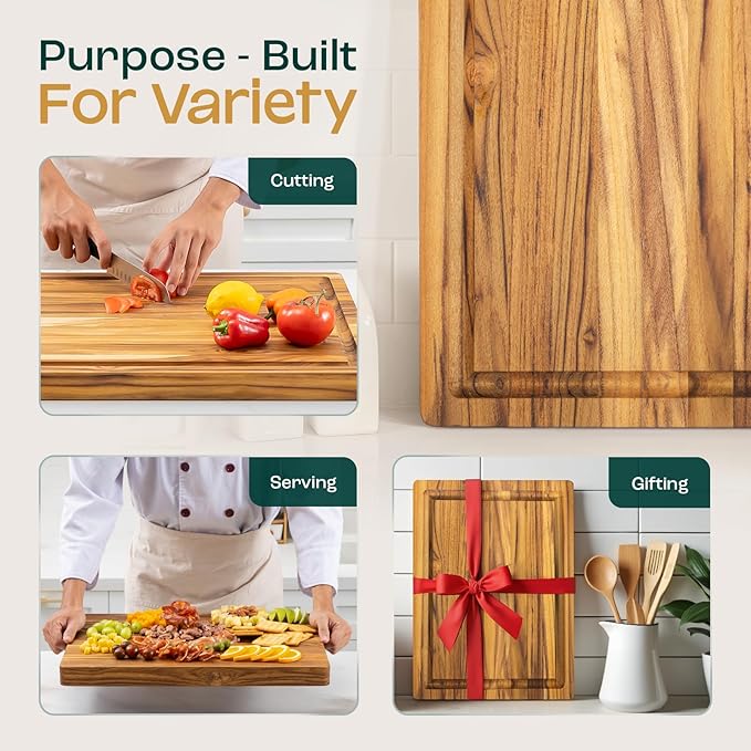Yes4All Solid Teak Cutting Boards for Kitchen, [17''L x 13''W x 1.5” Thick] Medium Edge Grain Butcher Block Cutting Board, Food Safe Surface Wood Cutting Boards with Juice Grooves and Easy Grip Handle