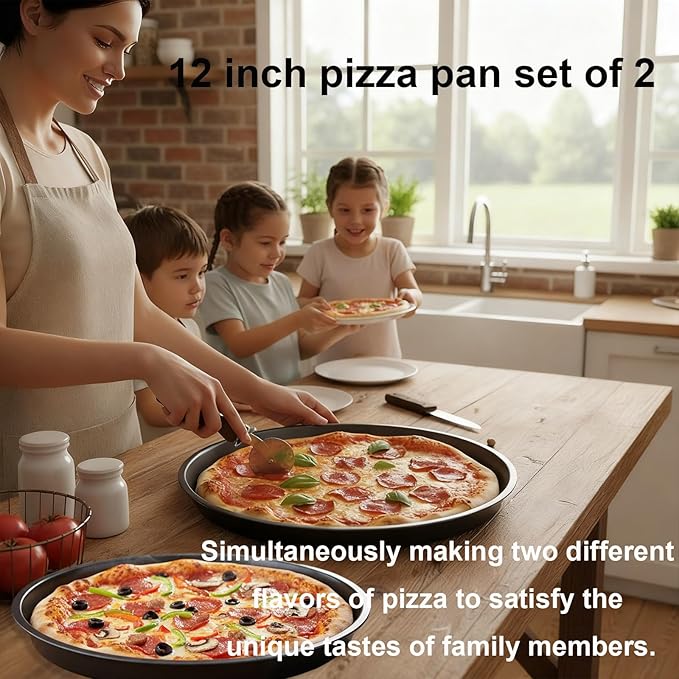 12 Inch Pizza Pan for Oven, 2 Pack Nonstick Round Heavy Duty Aluminum Pizza Baking Tray, Restaurant Style Deep Dish Pizza Pan with Rolled Edge & Warp Resistant (Thickened Crisper Pan)