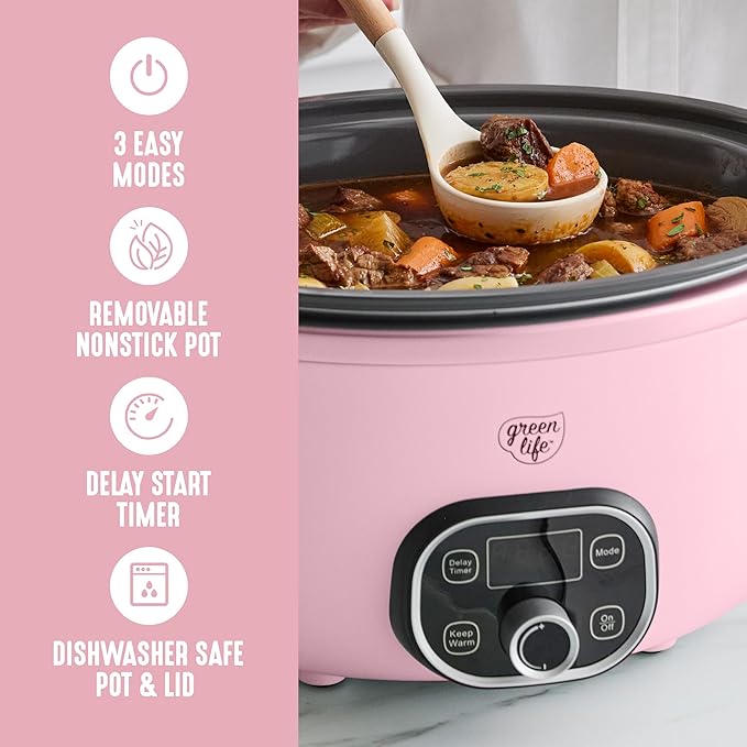 GreenLife 8QT Slow Cooker, Non-Toxic PFAS-Free Ceramic Nonstick Removable Interior Bowl, Programmable, Family Friendly, Keep Warm, Stovetop & Oven Safe, Dishwasher Safe Parts, Timer, Glass Lid, Pink