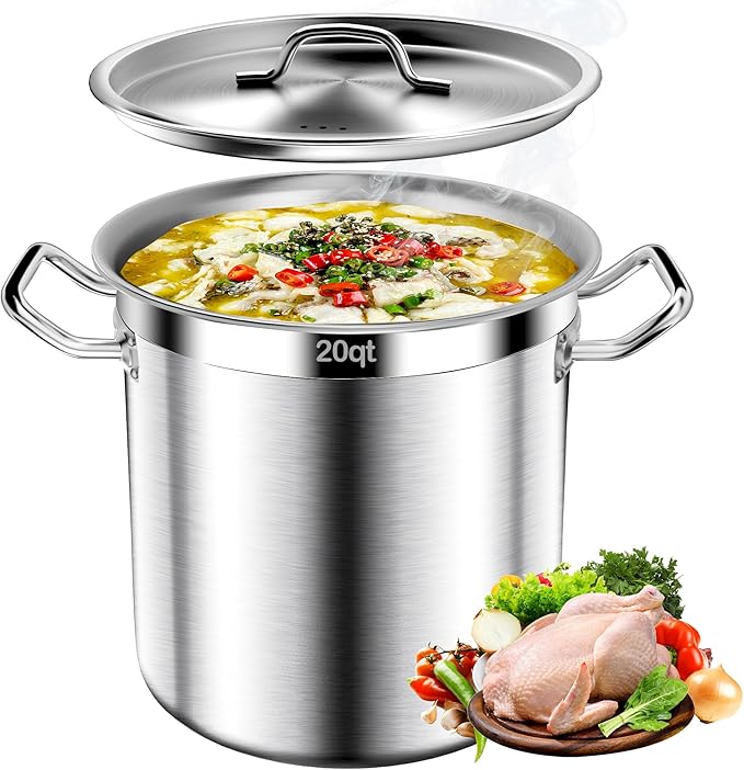 Stainless Steel Stock Pot，20QT Large Stock Pot with Lid for Boiling Cooking Soup Stew Canning, Heavy Duty Tri-Ply Bottom for Boiling Cooking Soup Stew Canning Cooking Pots, Cookware Sauce Pots