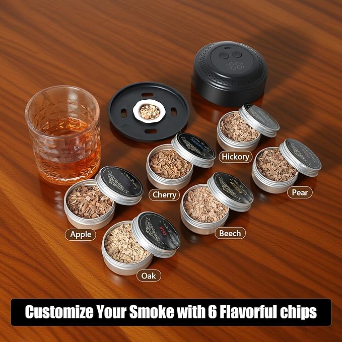 Electric Whiskey Smoker Kit, Rechargeable Cocktail Smoker Kit with 6 Wood Chips, Built-in Lighter, No Butane Needed, Old Fashioned Smoker kit，Gifts for Men, Dad, Husband (Black)