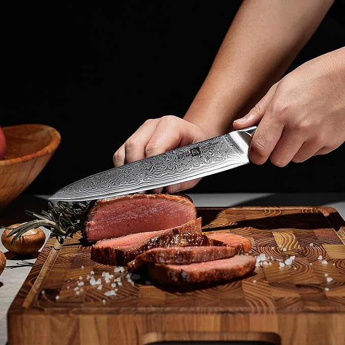 Klaus Meyer 5 Piece Damascus Knife Block Set, 67-Layer High Carbon Damascus Steel, Ultra-Sharp Kitchen Knife Set with Magnetic Wooden Block