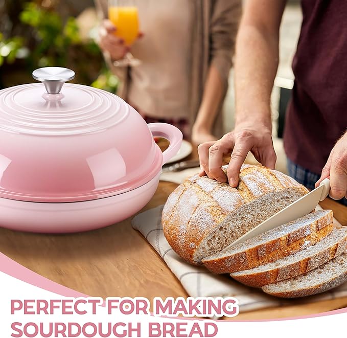 E-far Dutch Oven for Sourdough Bread Baking, 6 Qt Round Enameled Cast Iron Dutch Oven for Homemade Artisan Bread, Dome Lid & Shallow Base, Matte Black Interior & Durable, Oven-Safe to 500℉, Pink