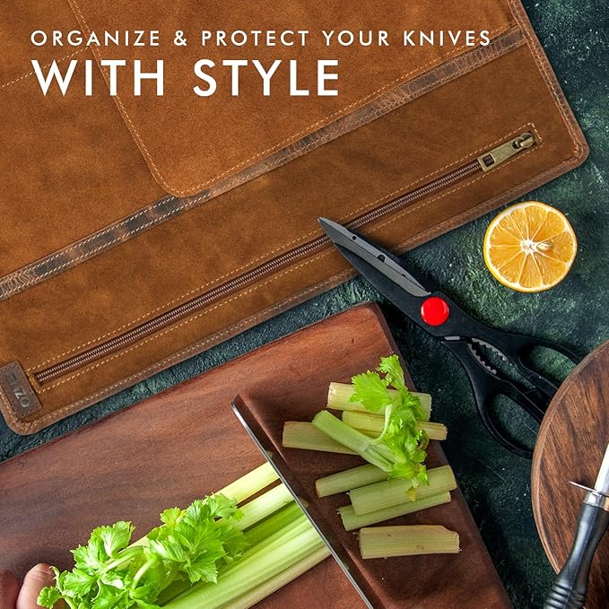 ELIZO Leather Knife Roll Bag Professional Chef Knife Case, Durable Knife Sheath Holder, Cooks & Culinary Tools Carrying Storage, Portable Knife Wrap - 4 Slots (Saddle)