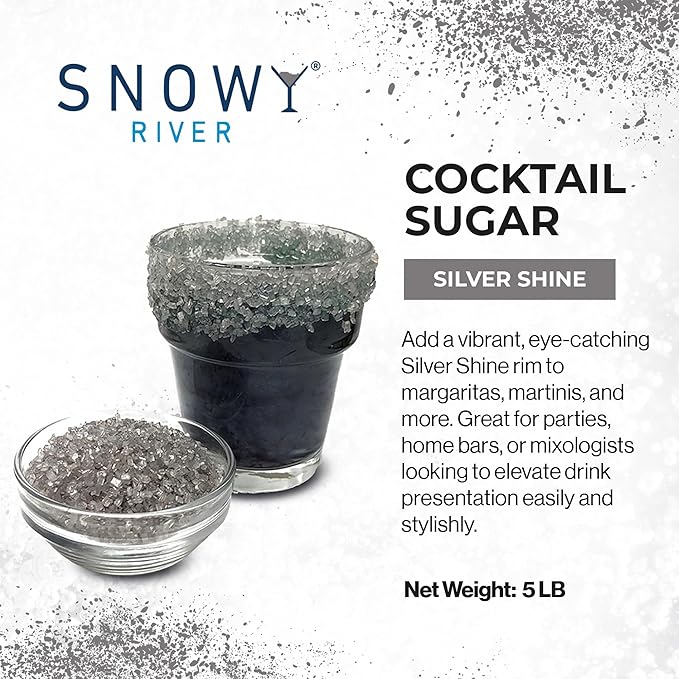 Snowy River Silver, Cocktail & Margarita Sugar Rimmer - Vibrant Naturally Colored Sugar for Cocktail Rimming, Baking & Decorating, Medium Crystal - 80oz