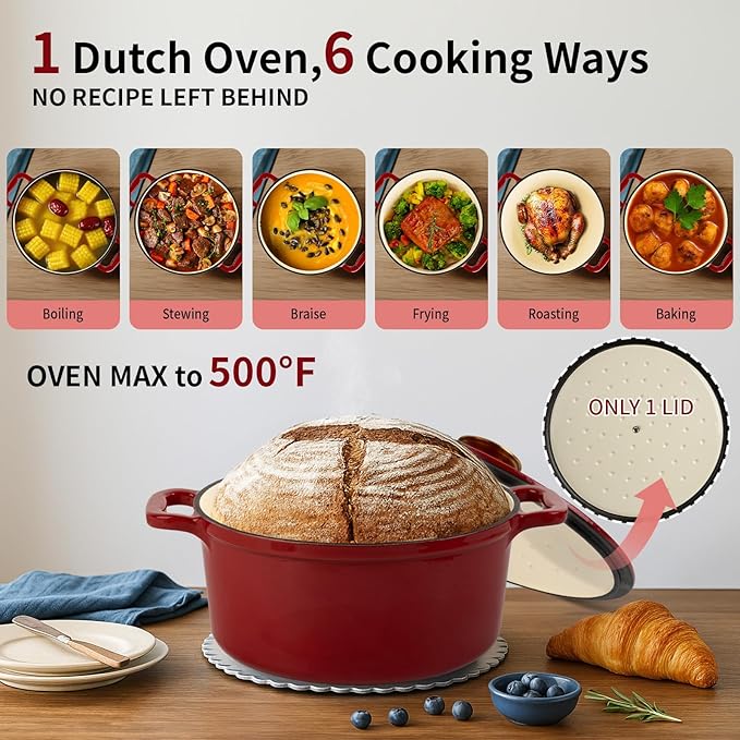 Enamel Cast Iron Dutch Oven with Lid, Round Casserole Pot for Bread Baking, Braising, Roasting, and Stews, Heavy-Duty, Oven Safe, Induction Compatible (4.7QT,Red)