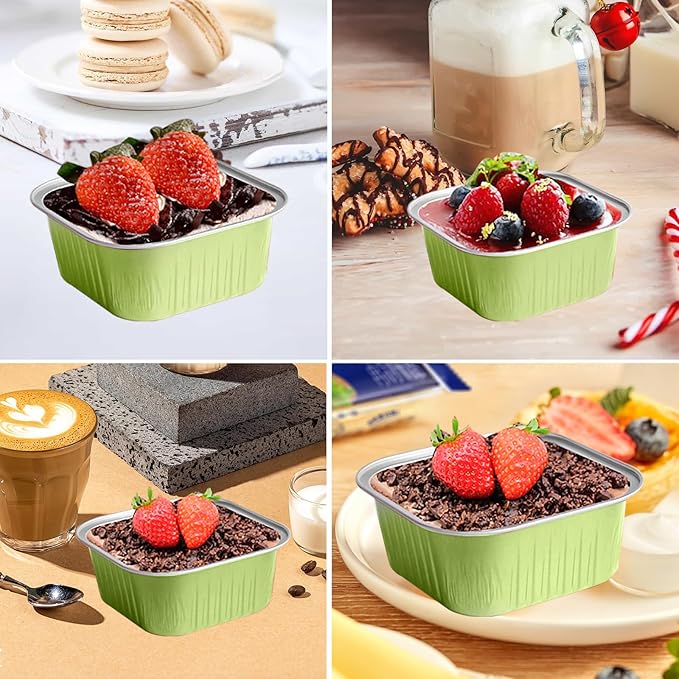 50 Pcs Mini Square Baking Cups with Lids,5oz Aluminum Foil Mini Cake Pans with Lids,Disposable Ramekins Cake Pans,150ml Dessert Cups Cupcake Pans for Wedding Birthday Party,Light Green