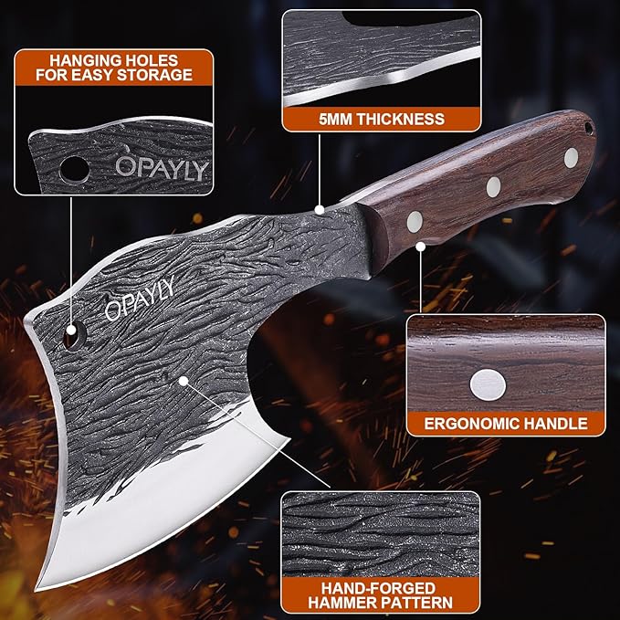 Heavy-Duty Bone Chopper Knife Hand Forged Meat Cutting with Cover Meat Bone Cleaver Knife High Carbon meat knife for Kitchen Outdoor Camping BBQ men gifts