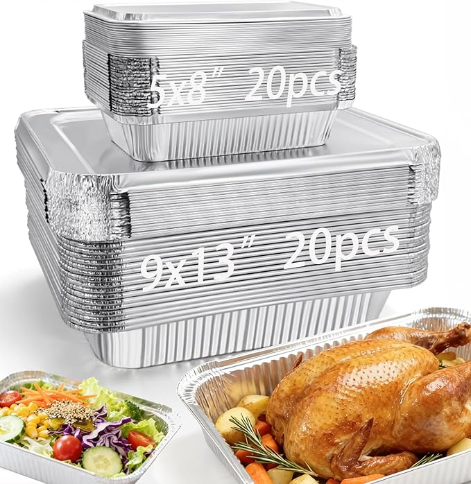 Notwoe® 40pc Disposable Aluminum Pans With Lids, 9x13 (20pc) And 8.2x5.7 Square (20pc) Combo Set, Disposable Baking and Cake Pan. (40 Pack w/Lids)