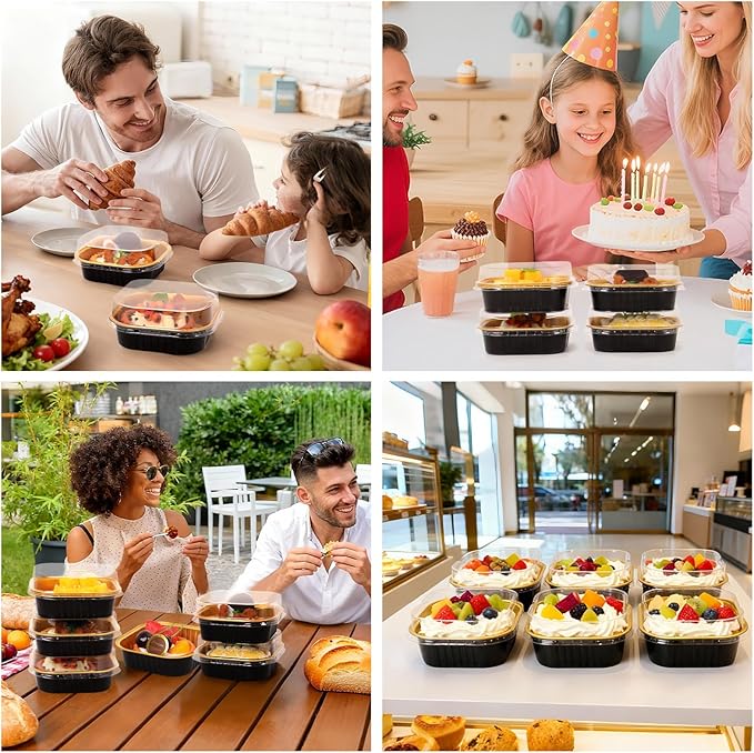 FORBFAN 150 Pack 8 oz Mini Square Cake Pans with Lids, Aluminium Foil Square Brownie Baking Cups, Black and Gold Disposable Ramekins Oven Safe