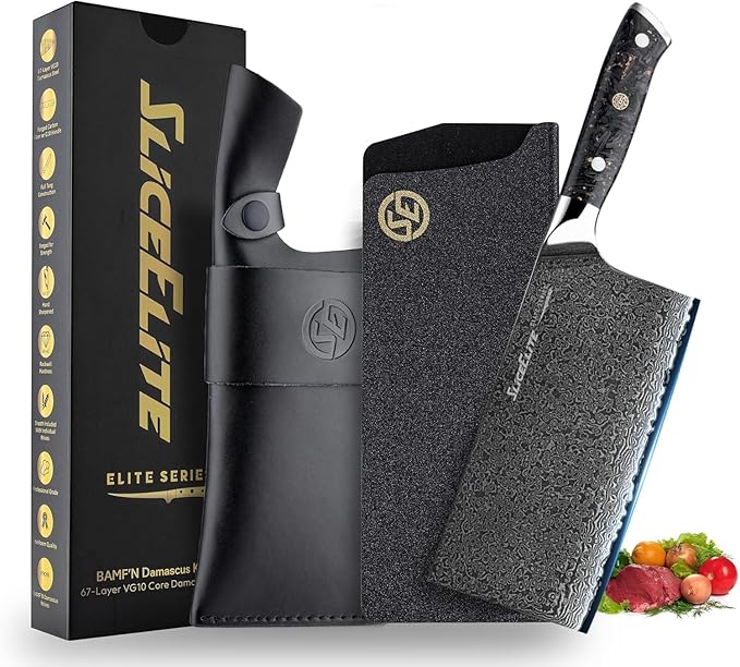 SliceElite Elite Series 7 Inch Meat Cleaver Knife Damascus VG10 Core Forged Carbon Fiber Handle Heavy Duty Chopper Sharp Kitchen Butcher Bone Cutter Vegetable Fruit Chef Tool Dual Protection Gift