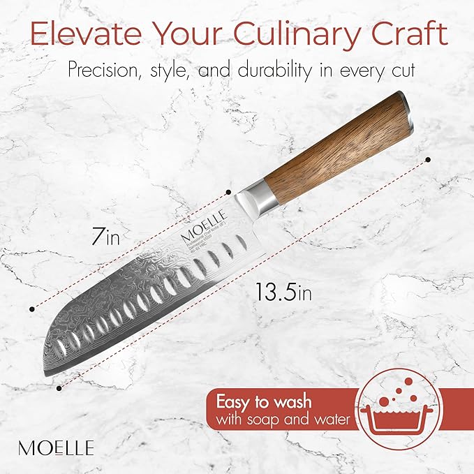 MOELLE Premium Teak Wood Damascus Santoku Knife 7” Blade - VG10 Japanese Damascus Steel 67 Layers, 60+ HRC - Danish Design Kitchen Knife with Elegant Gift Packaging